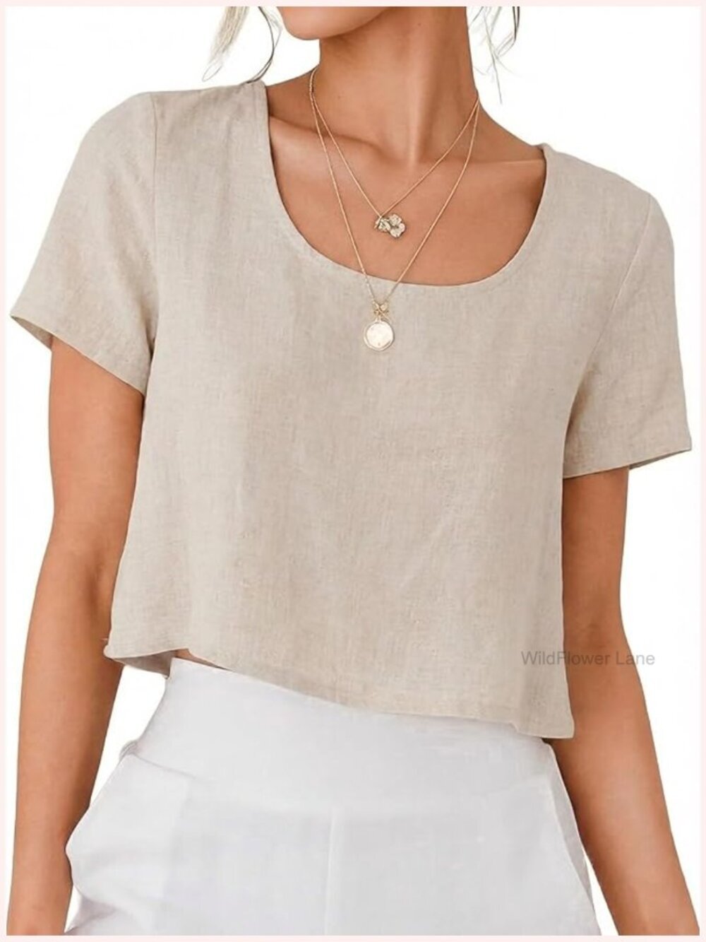 Women's Linen Scoop Neck Crop Blouse Short Sleeve Summer Top